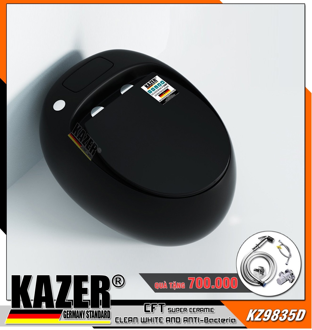 KZ9835D – BỒN CẦU MỘT KHỐI KAZER MẪU TRỨNG MÀU ĐEN, XẢ PIN