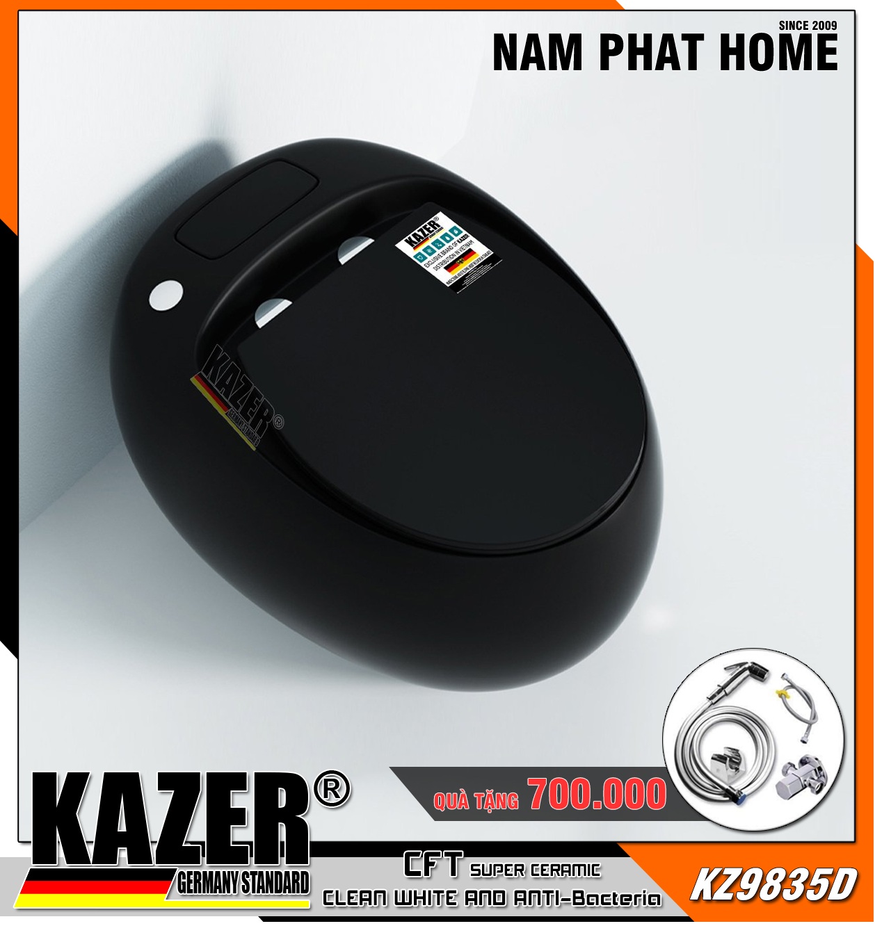 KZ9835D – BỒN CẦU MỘT KHỐI KAZER MẪU TRỨNG MÀU ĐEN, XẢ ĐEN