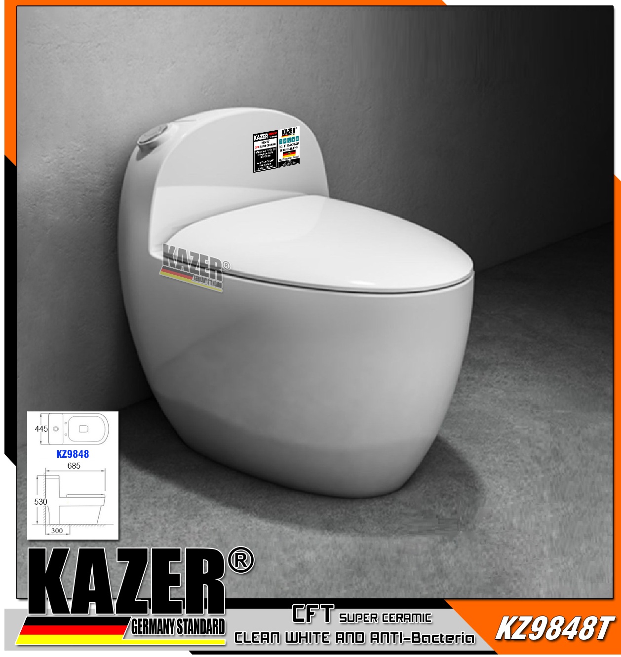 KZ9848T – BỒN CẦU MỘT KHỐI KAZER MẪU TRỨNG MÀU TRẮNG