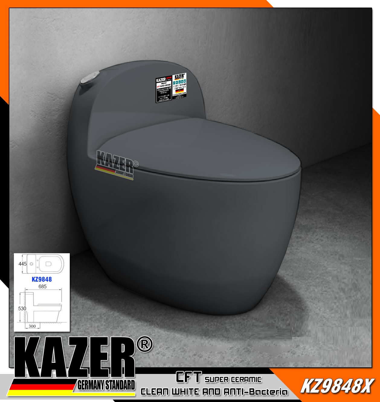 KZ9848FD – BỒN CẦU MỘT KHỐI KAZER MẪU TRỨNG MÀU XÁM