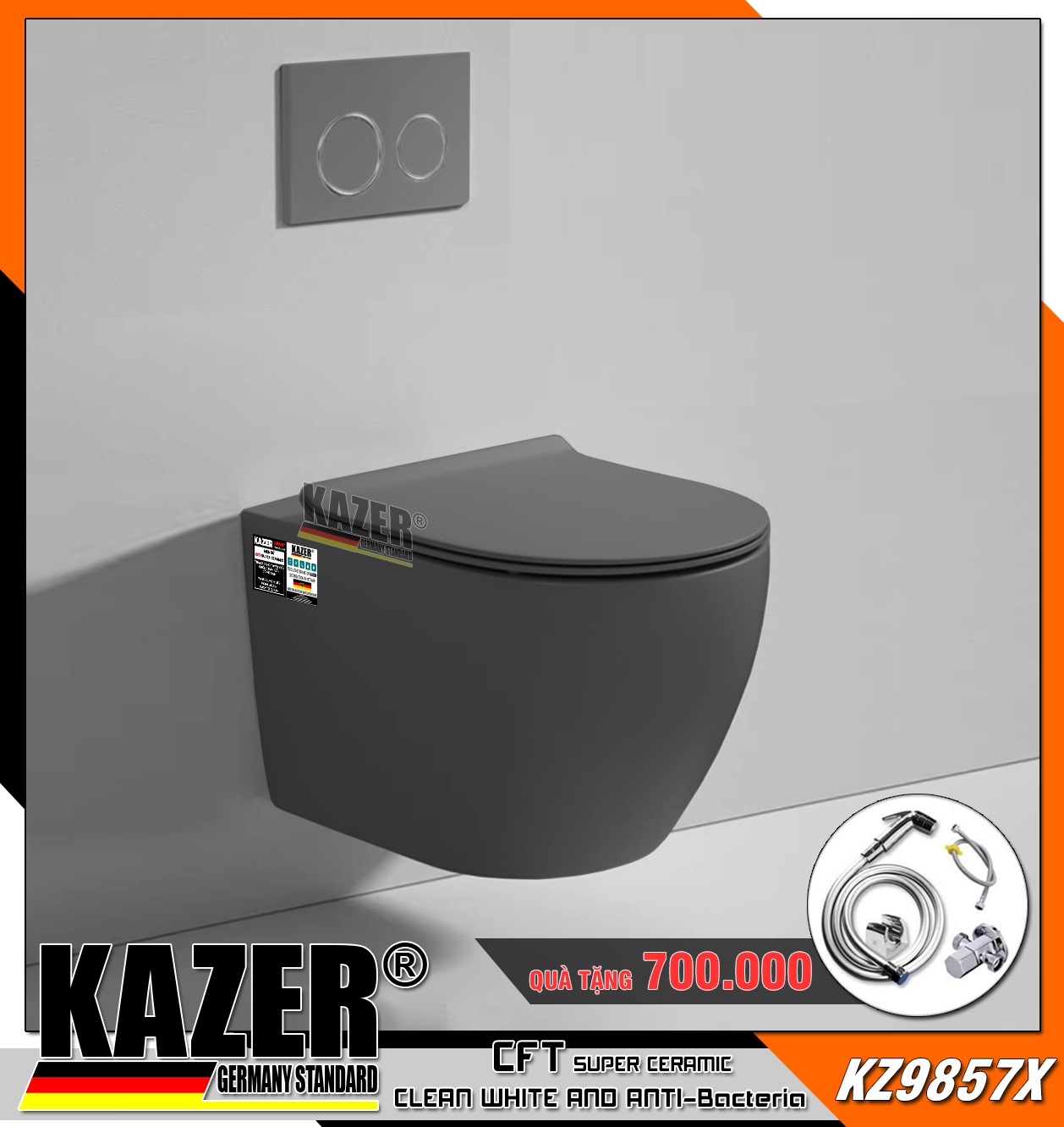 KZ9857X – BỒN CẦU TREO TƯỜNG KAZER MÀU XÁM