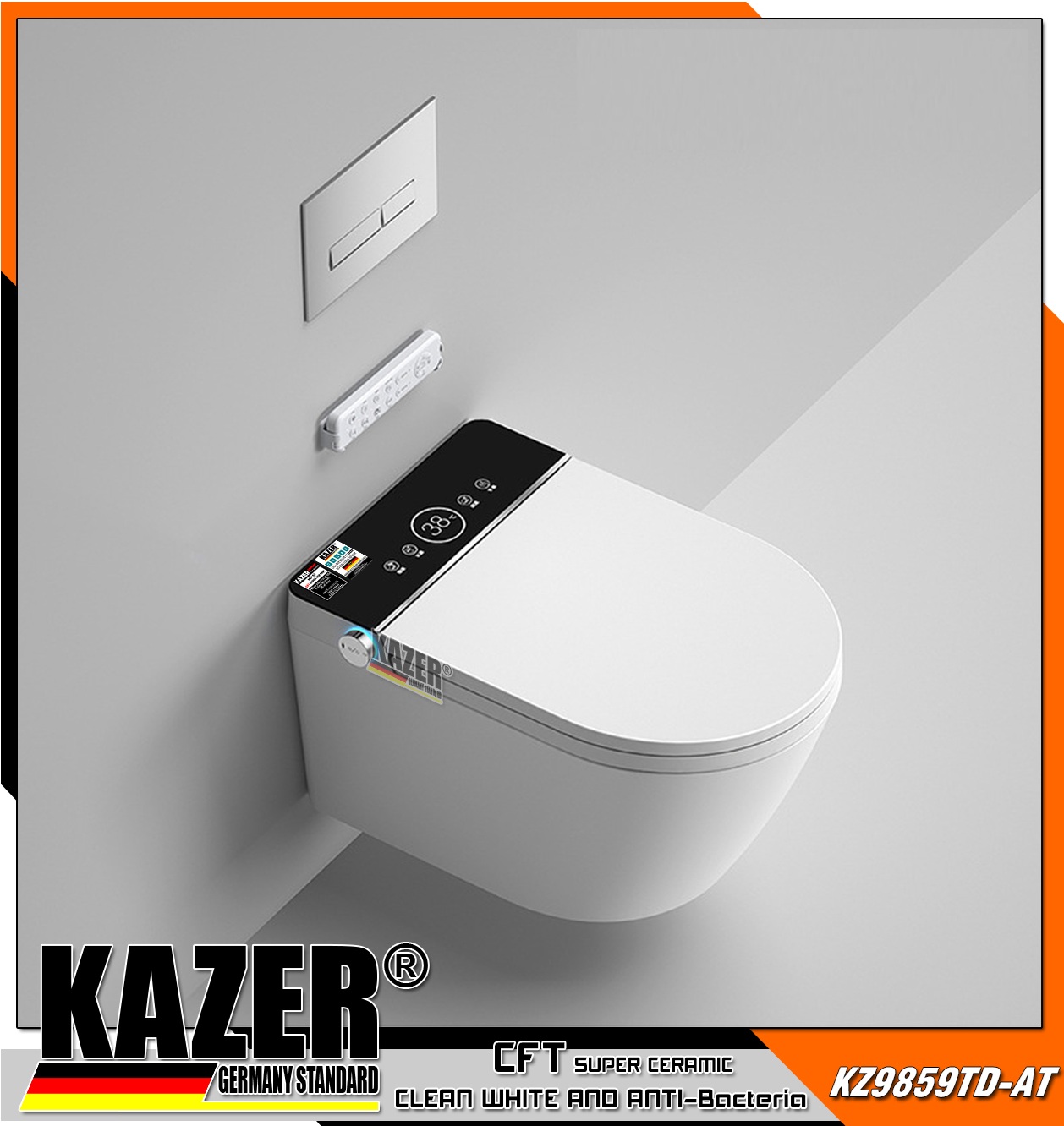 KZ9859TD-AT – BỒN CẦU TREO TƯỜNG KAZER ĐIÊN TỬ THÔNG MINH MÀU TRẮNG ĐEN