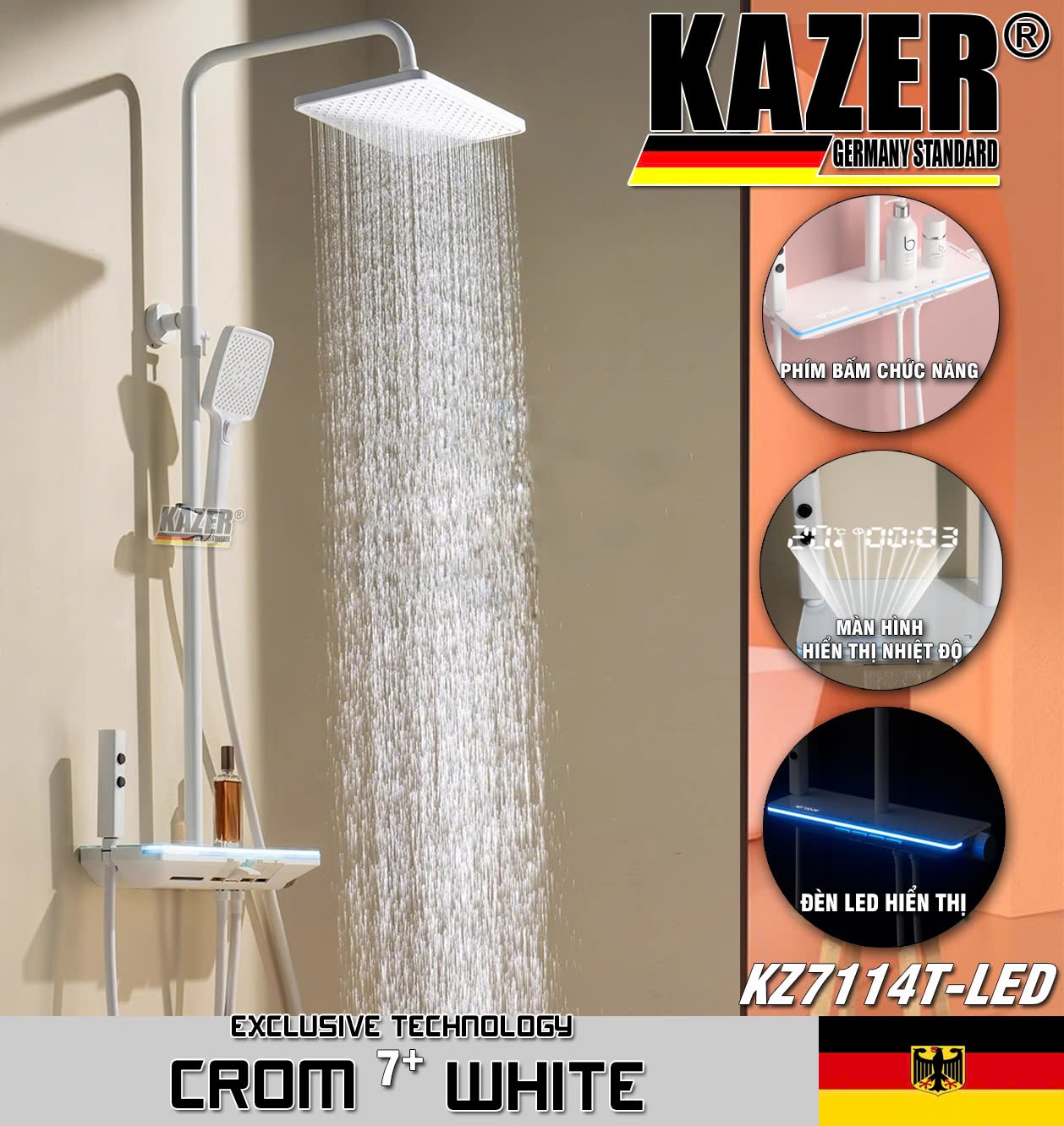 KZ7114T-LED – SEN CÂY ĐỒNG THAU MẠ CROM 7+ WHITE KAZER – FIX