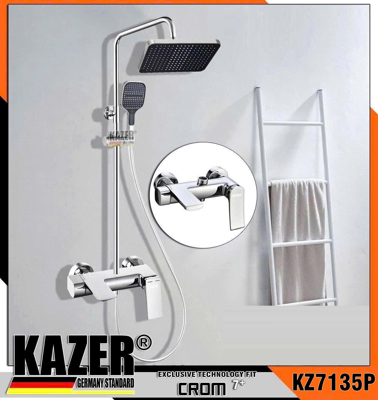 KZ7135P-Y5103, SEN CÂY TẮM ĐỨNG ĐỒNG THAU KAZER, MẠ CROM 7 LỚP