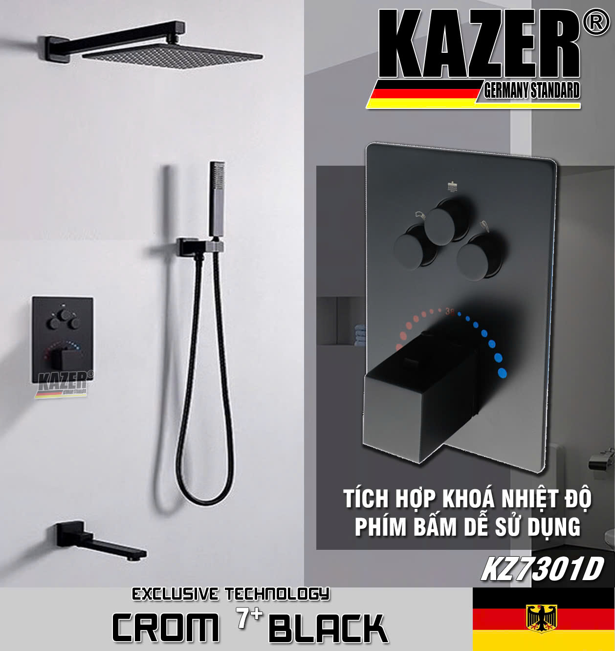 KZ7301D – SEN TẮM ÂM TƯỜNG – ÂM TRẦN KAZER, MẠ CROM 7+ BLACK