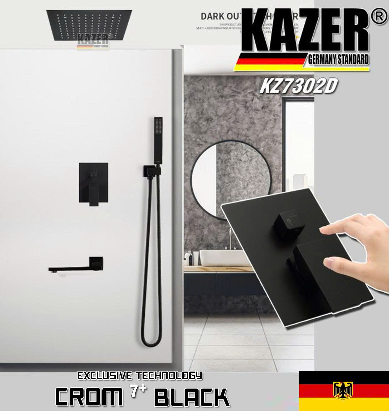 KZ7302D – SEN TẮM ÂM TƯỜNG – ÂM TRẦN KAZER, MẠ CROM 7+ BLACK