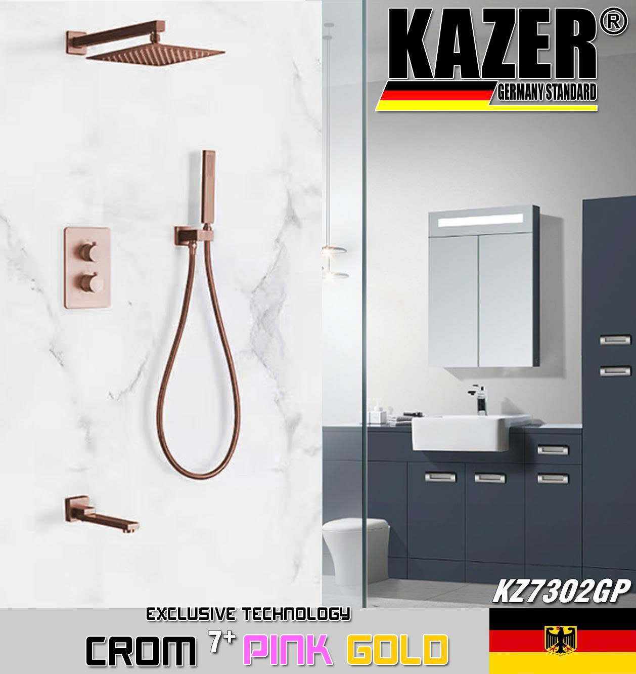 KZ7302GP – SEN TẮM ÂM TƯỜNG – ÂM TRẦN KAZER, MẠ CROM 7+ PINK GOLD