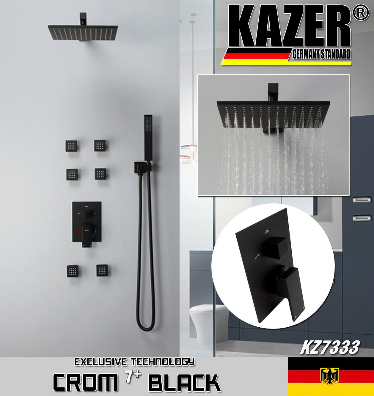 KZ7333 – SEN TẮM ÂM TƯỜNG – ÂM TRẦN KAZER, MẠ CROM 7+ BLACK