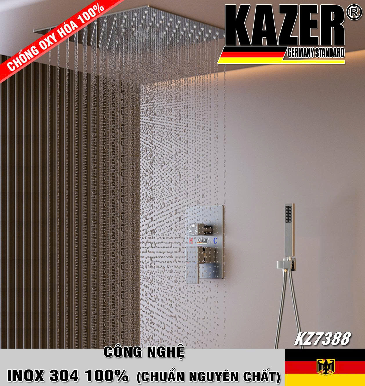 KZ7388– SEN TẮM ÂM TƯỜNG – ÂM TRẦN KAZER INOX 304 100% CHUẨN NGUYÊN CHẤT