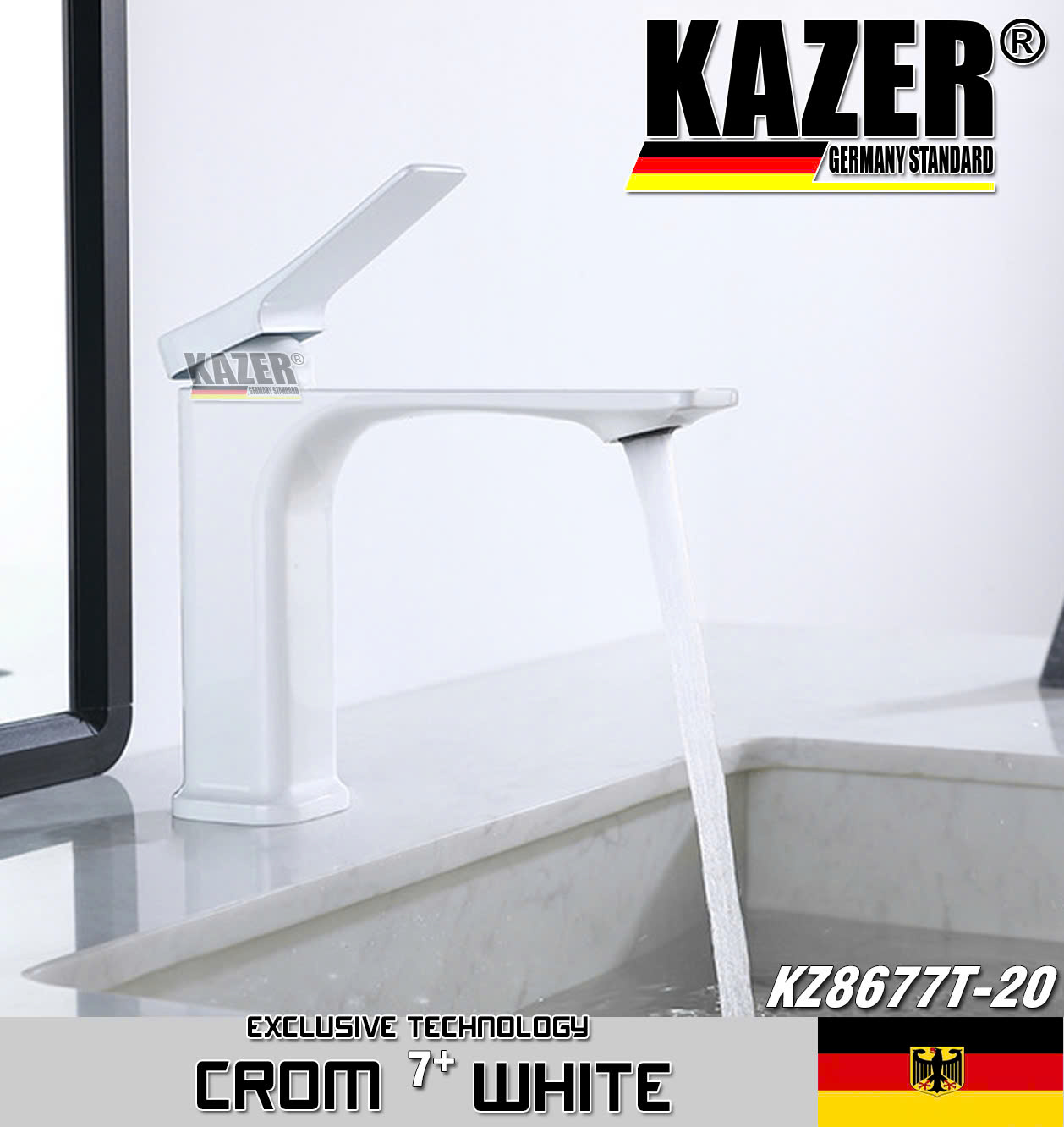 KZ8677T-20 - VÒI LAVABO NÓNG LẠNH ĐỒNG THAU KAZER, MẠ CROM 7+ WHITE - 20CM