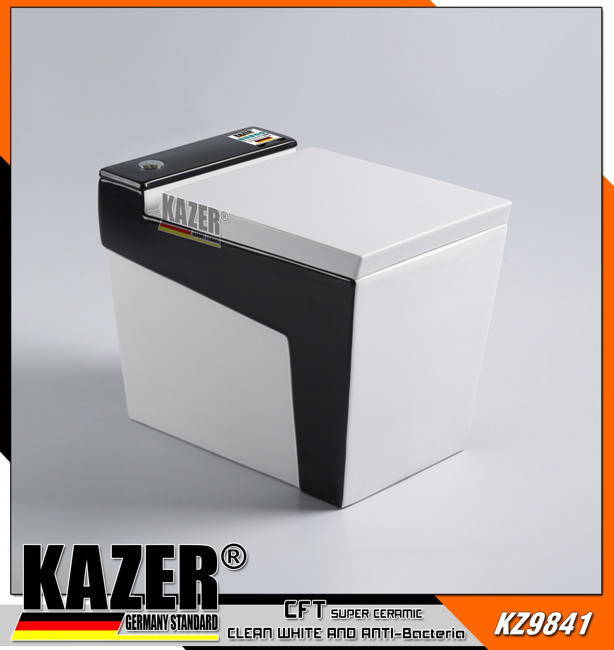 KZ9841 – BỒN CẦU MỘT KHỐI KAZER MÀU TRẮNG ĐEN MẪU VUÔNG, XẢ PIN