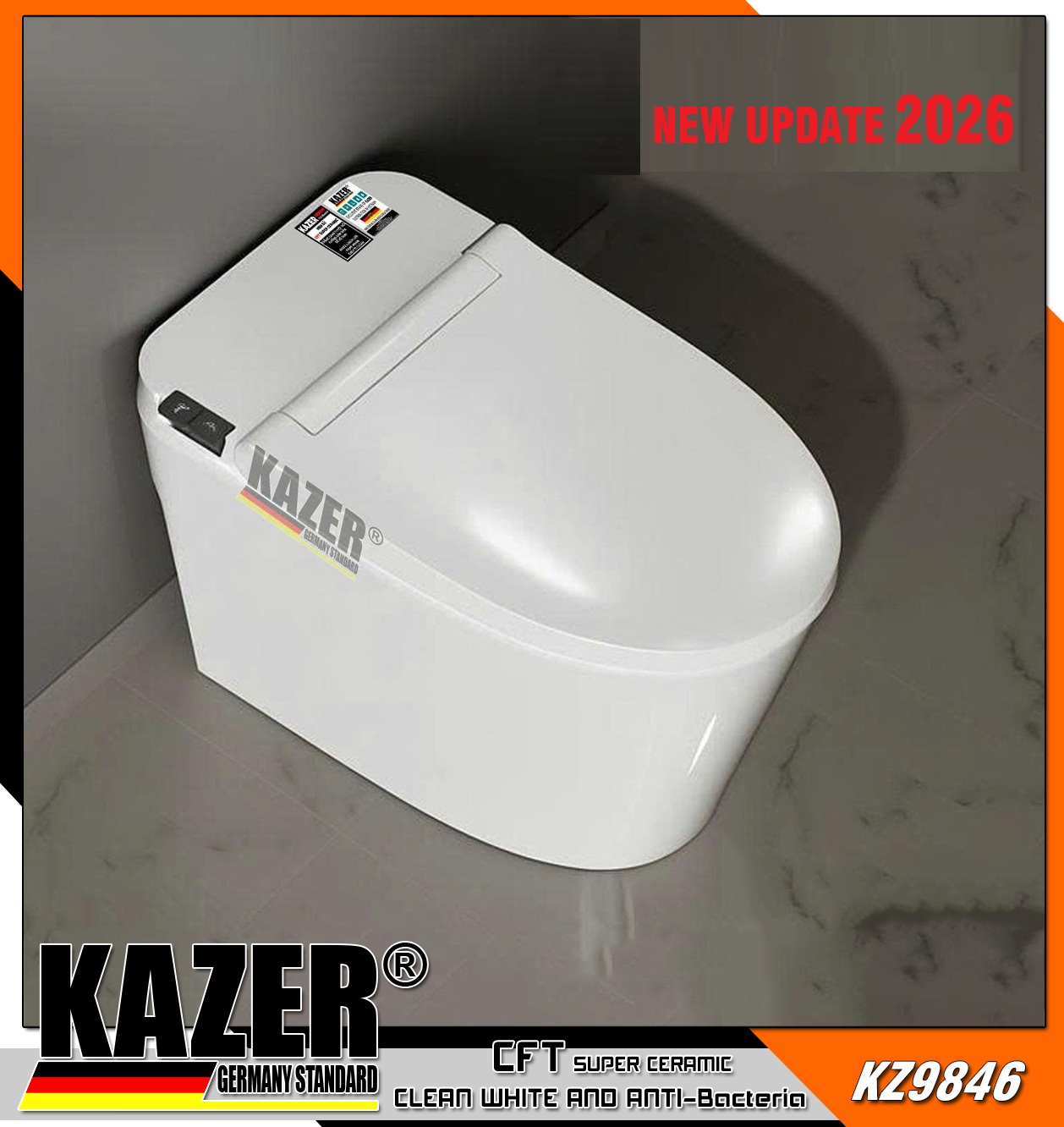 KZ9846 – BỒN CẦU MỘT KHỐI KAZER MÀU TRẮNG, KÉT NƯỚC ÂM – 2026