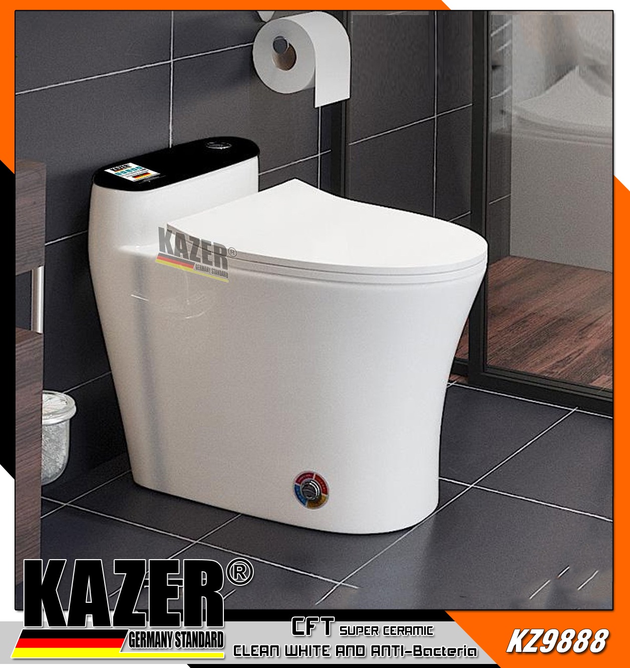 KZ9888 – BỒN CẦU MỘT KHỐI KAZER MÀU TRẮNG ĐEN, XẢ PIN