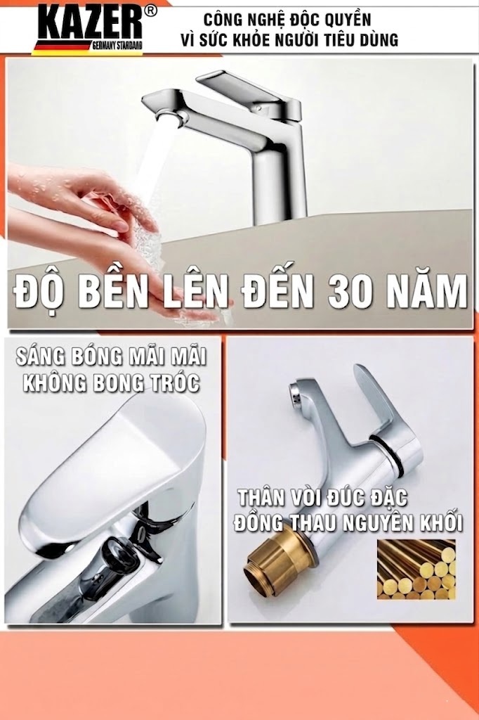 KZ8677T-20 – VÒI LAVABO NÓNG LẠNH ĐỒNG THAU KAZER, MẠ CROM 7+ WHITE – 20CM