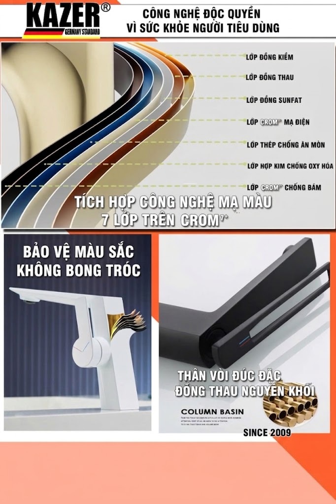 KZ8677T-20 – VÒI LAVABO NÓNG LẠNH ĐỒNG THAU KAZER, MẠ CROM 7+ WHITE – 20CM