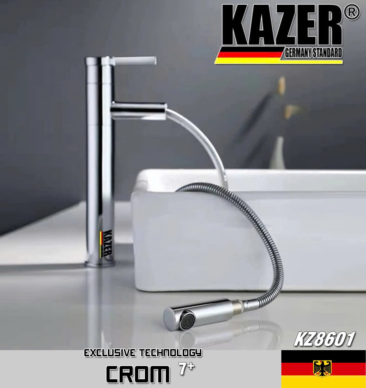 KZ8601 – VÒI LAVABO NÓNG LẠNH ĐỒNG THAU KAZER, MẠ CROM 7+ 30CM