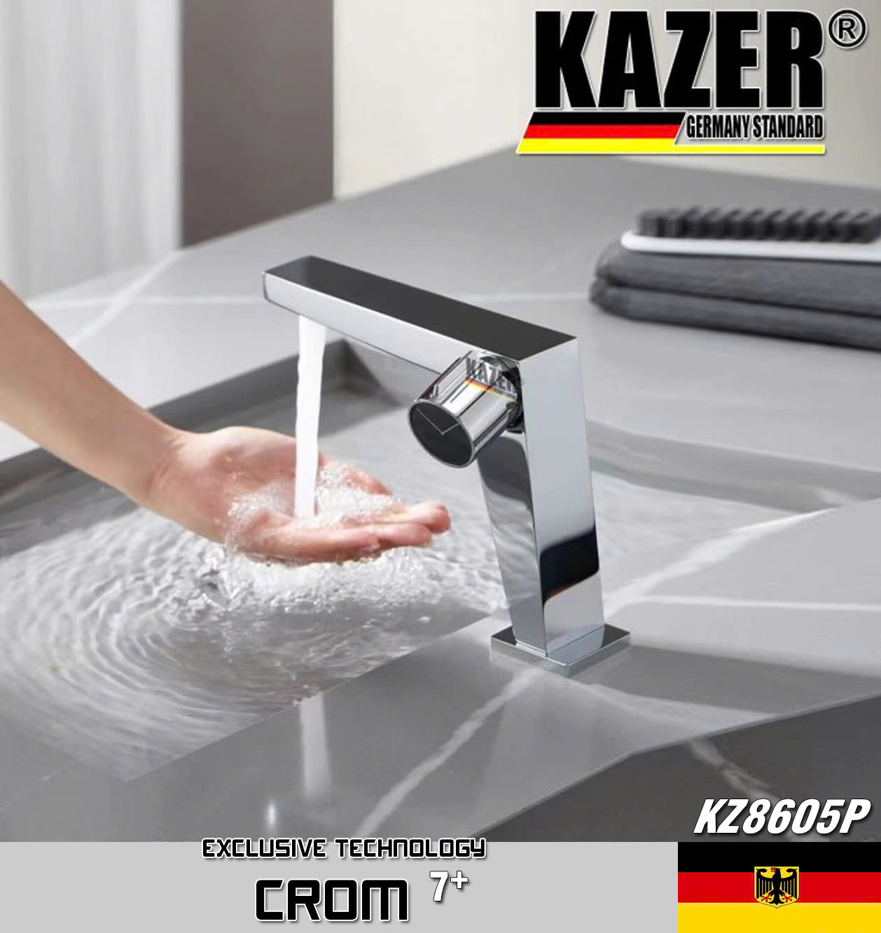 KZ8605P – VÒI LAVABO NÓNG LẠNH ĐỒNG THAU KAZER, MẠ CROM 7+ 20CM
