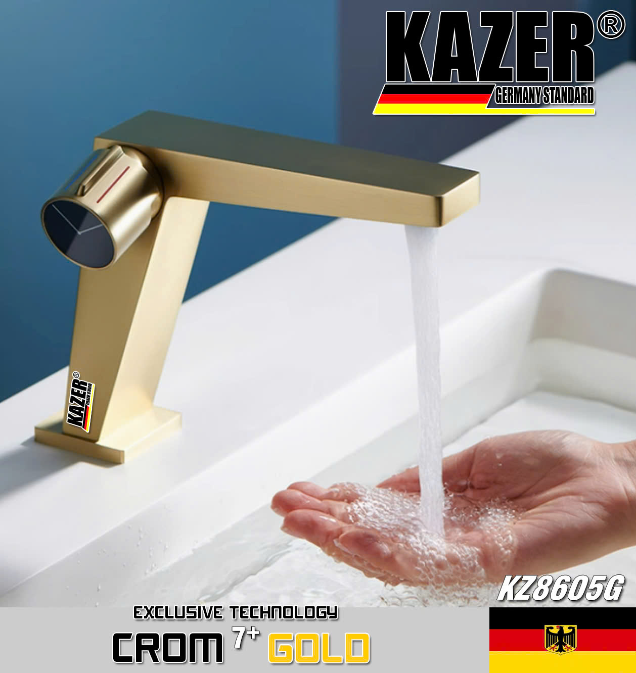 KZ8605G – VÒI LAVABO NÓNG LẠNH ĐỒNG THAU KAZER, MẠ CROM 7+ GOLD- 20CM