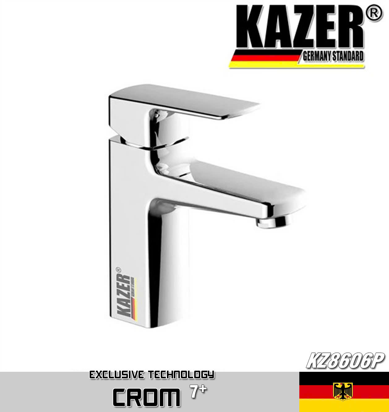 KZ8606P-20 – VÒI LAVABO NÓNG LẠNH ĐỒNG THAU KAZER, MẠ CROM 7+ 20CM