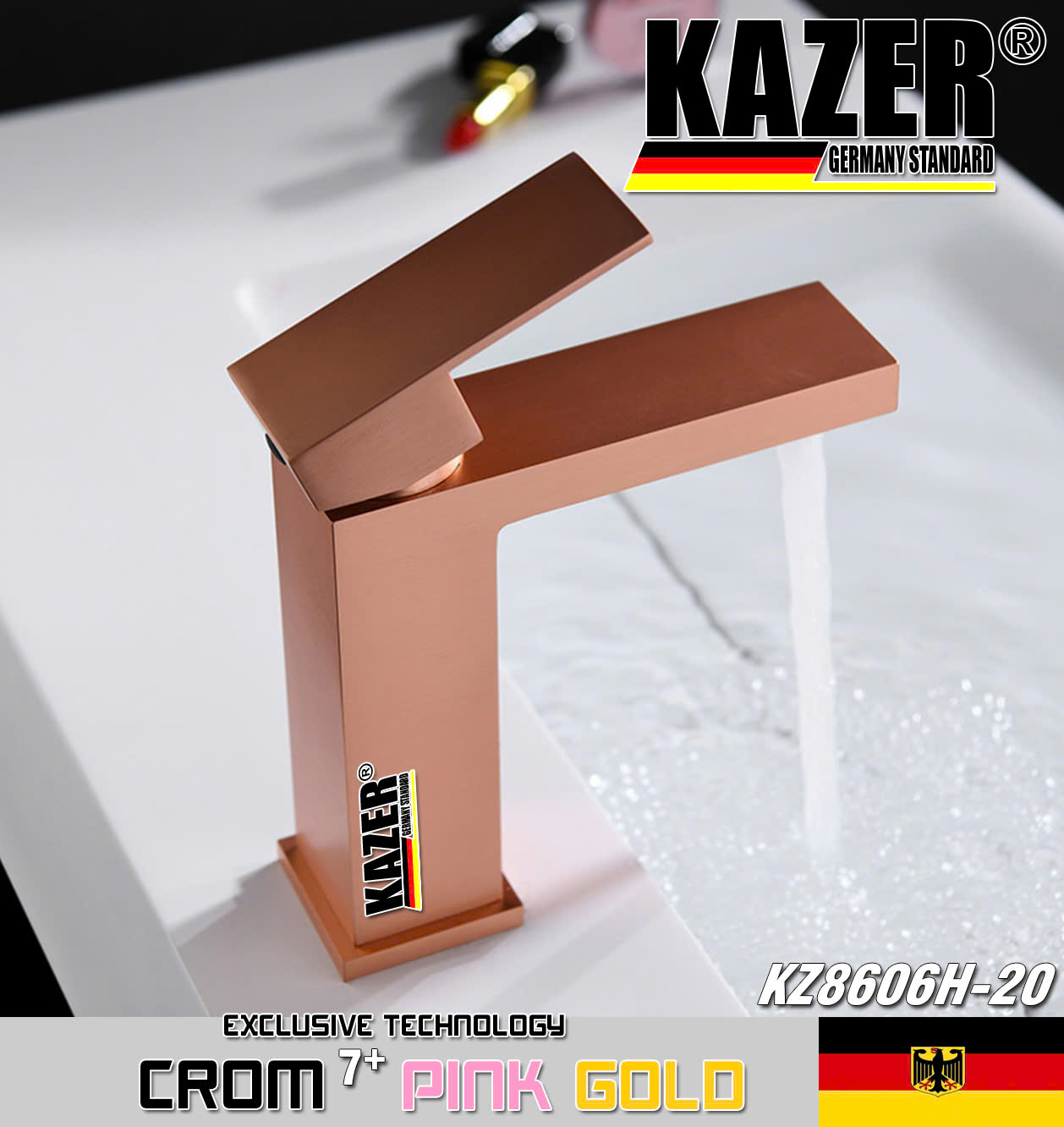 KZ8606H-20 – VÒI LAVABO NÓNG LẠNH ĐỒNG THAU KAZER, MẠ CROM 7+ PINK GOLD – 20CM