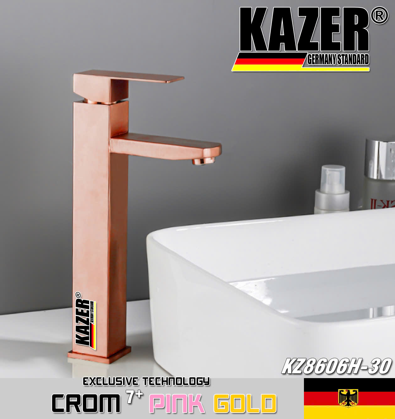 KZ8606H-30 – VÒI LAVABO NÓNG LẠNH ĐỒNG THAU KAZER, MẠ CROM 7+ PINK GOLD – 30CM