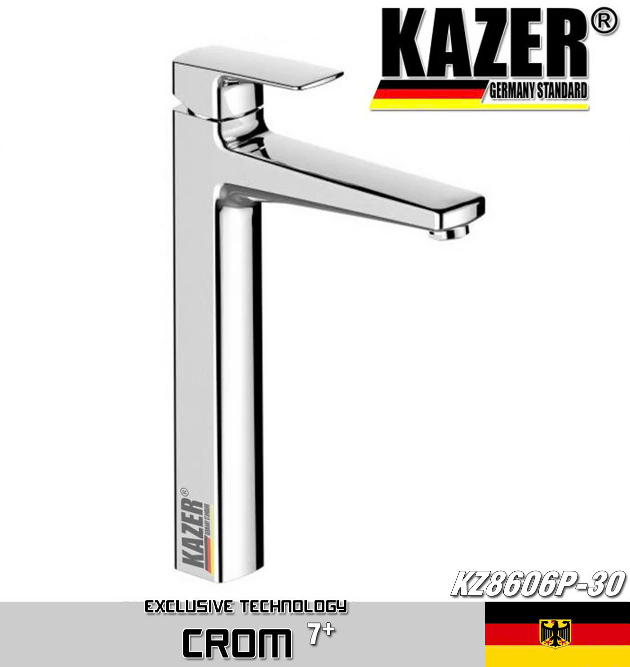 KZ8606P-30 – VÒI LAVABO NÓNG LẠNH ĐỒNG THAU KAZER, MẠ CROM 7+ 30CM