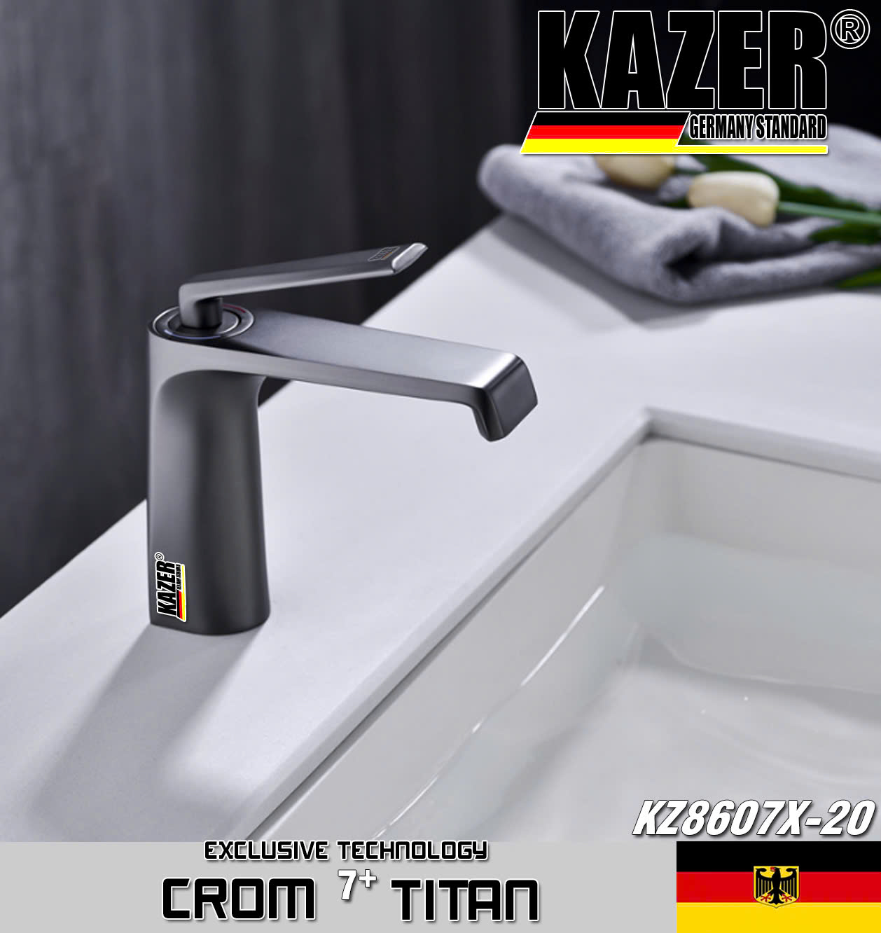 KZ8607X-20 – VÒI LAVABO NÓNG LẠNH ĐỒNG THAU KAZER, MẠ CROM 7+ TITAN – 20CM