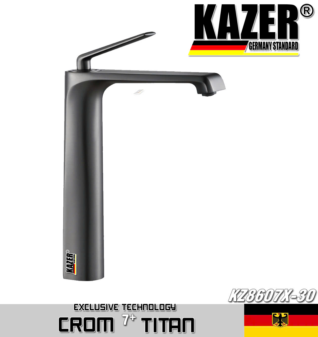 KZ8607X-30 – VÒI LAVABO NÓNG LẠNH ĐỒNG THAU KAZER, MẠ CROM 7+ TITAN – 30CM