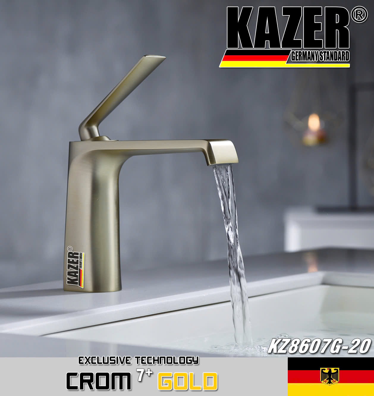 KZ8607G-20 – VÒI LAVABO NÓNG LẠNH ĐỒNG THAU KAZER, MẠ CROM 7+ GOLD – 20CM