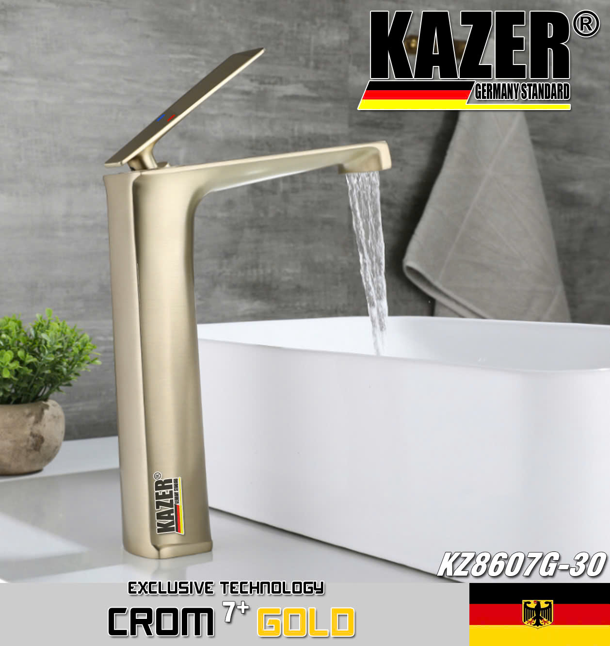 KZ8607G-30 – VÒI LAVABO NÓNG LẠNH ĐỒNG THAU KAZER, MẠ CROM 7+ GOLD – 30CM