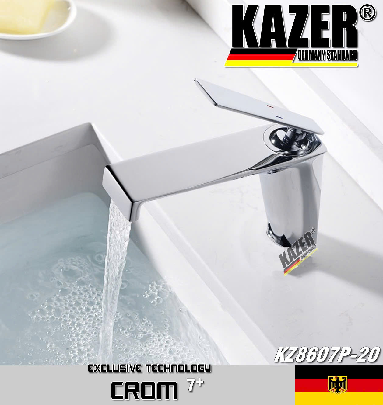 KZ8607P-20 – VÒI LAVABO NÓNG LẠNH ĐỒNG THAU KAZER, MẠ CROM 7+ 20CM