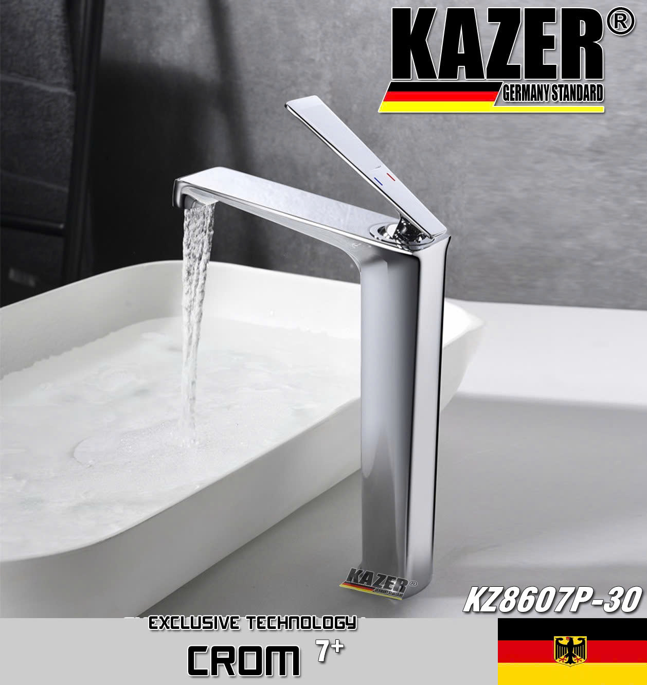 KZ8607P-30 – VÒI LAVABO NÓNG LẠNH ĐỒNG THAU KAZER, MẠ CROM 7+ 30CM