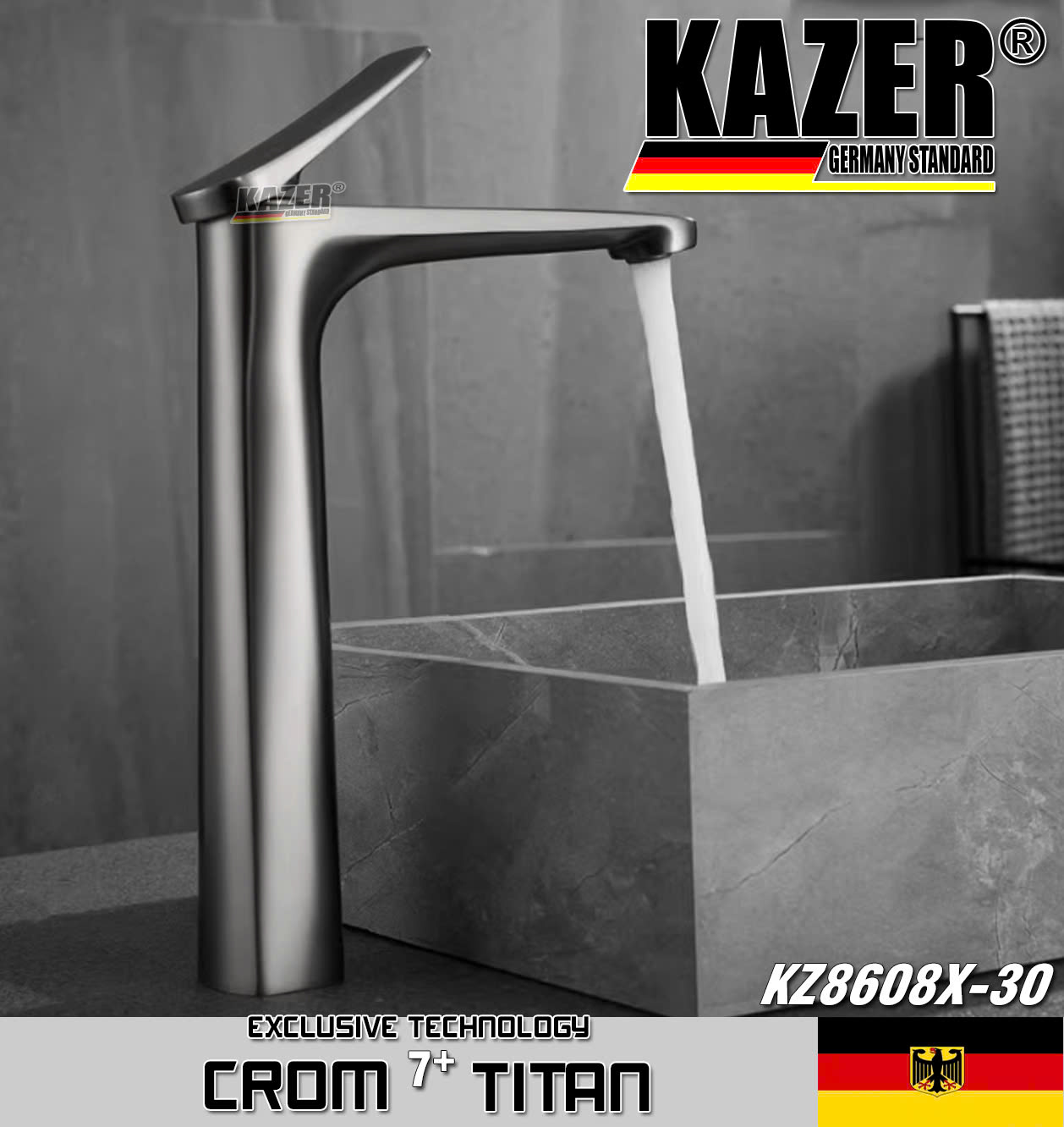 KZ8608X-30 – VÒI LAVABO NÓNG LẠNH ĐỒNG THAU KAZER, MẠ CROM 7+ TITAN – 30CM