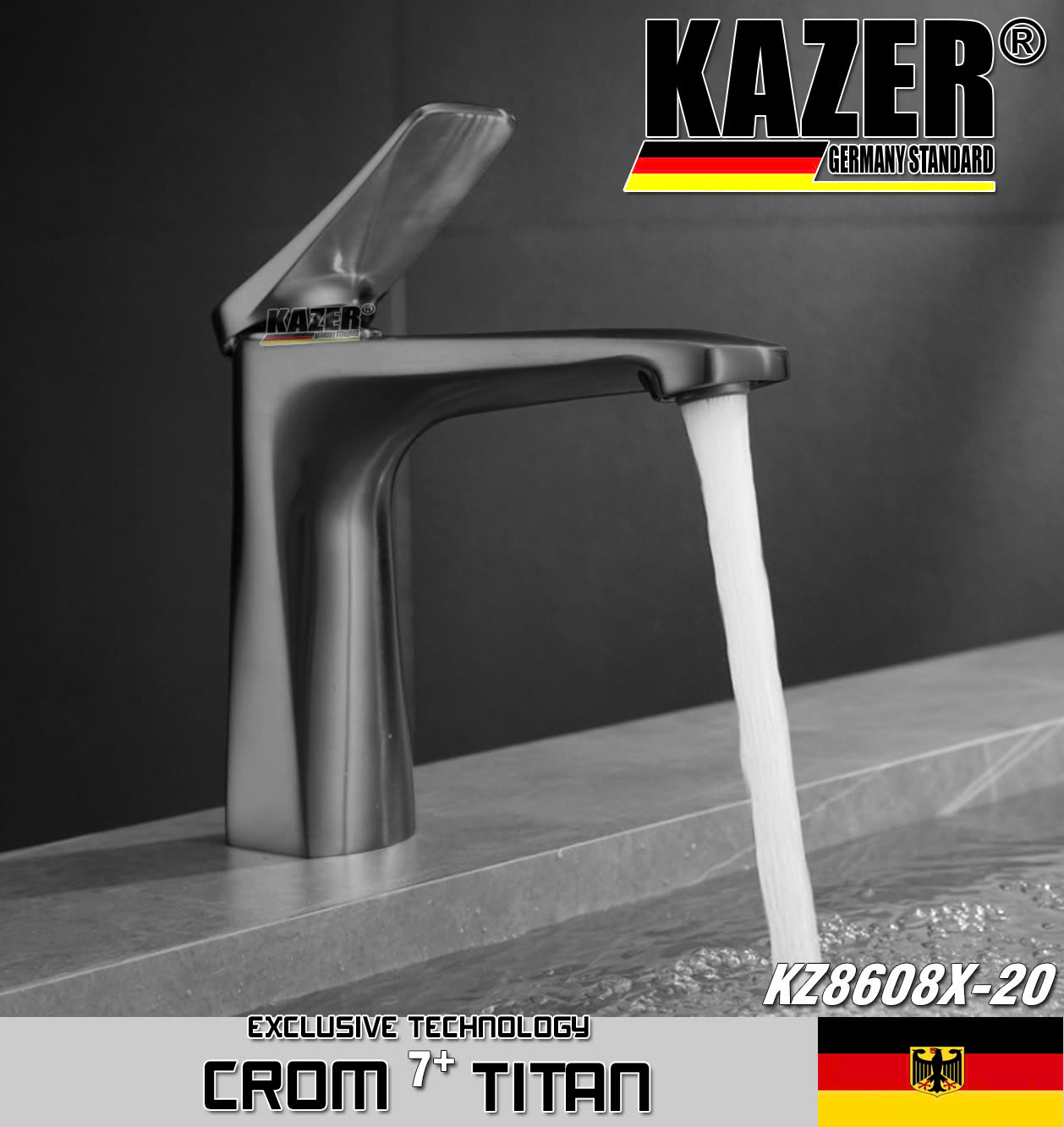 KZ8608X-20 – VÒI LAVABO NÓNG LẠNH ĐỒNG THAU KAZER, MẠ CROM 7+ TITAN – 20CM