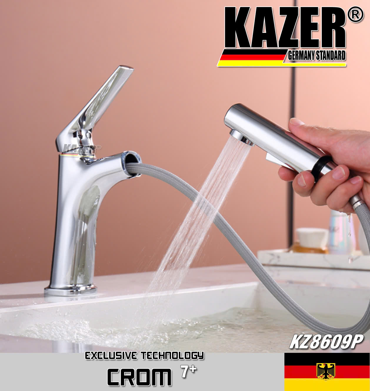 KZ8609P – VÒI LAVABO NÓNG LẠNH ĐỒNG THAU KAZER, MẠ CROM 7+
