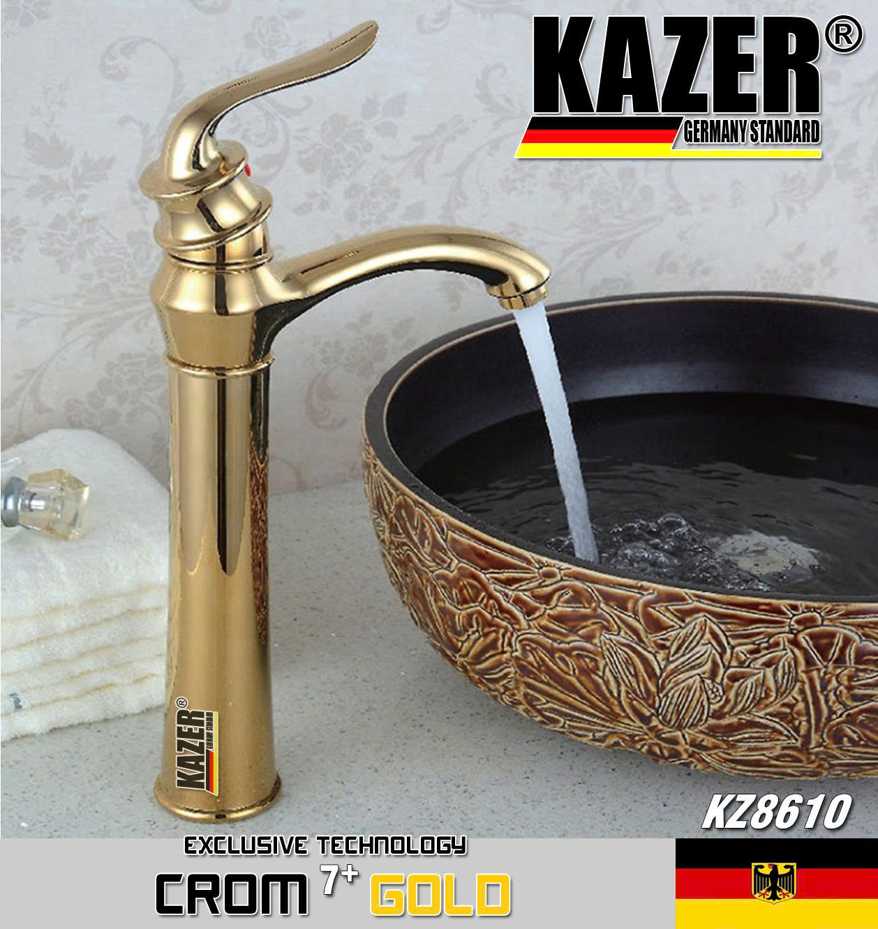 KZ8610 – VÒI LAVABO NÓNG LẠNH ĐỒNG THAU KAZER, MẠ CROM 7+ GOLD – 30CM