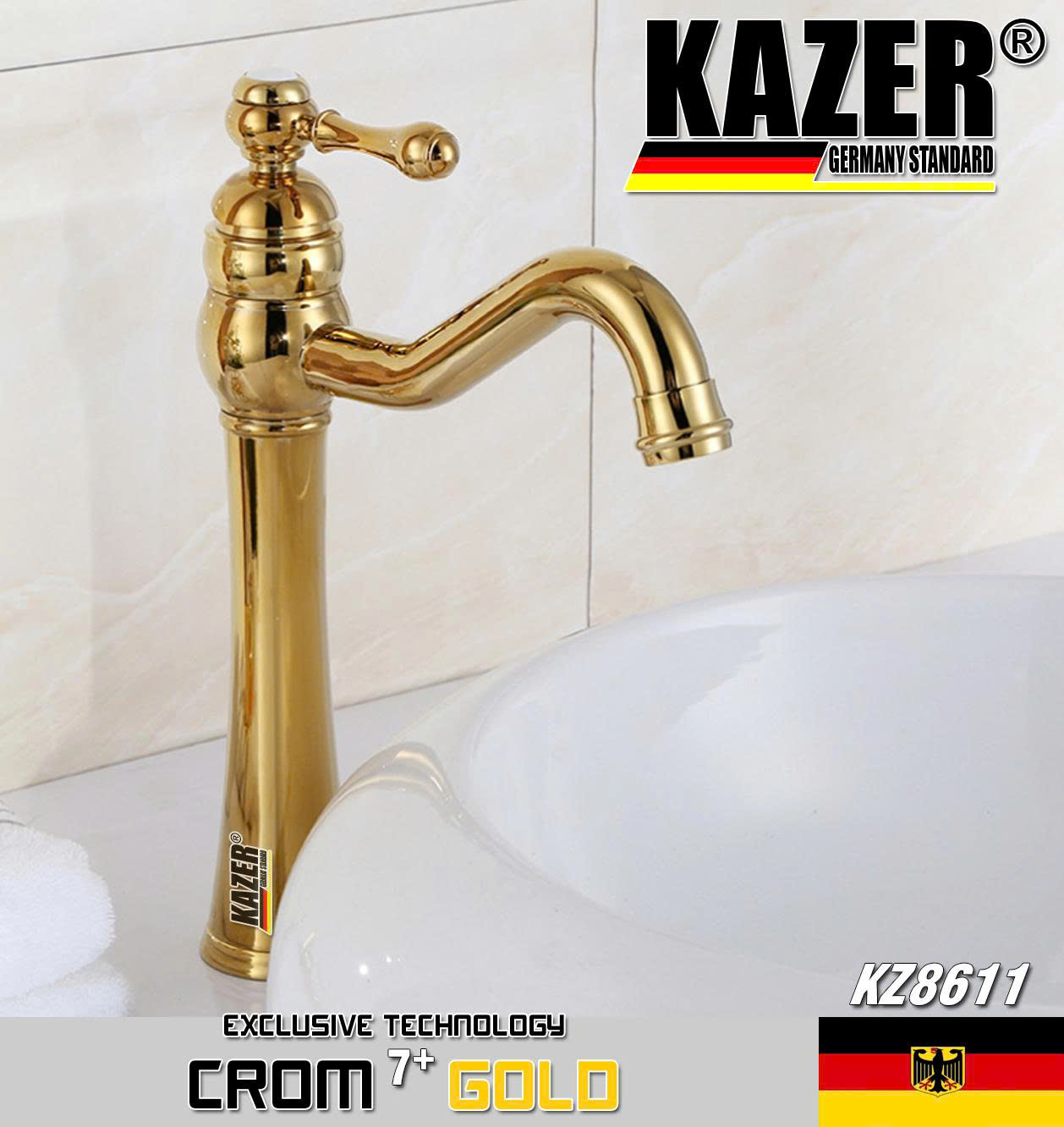 KZ8611 – VÒI LAVABO NÓNG LẠNH ĐỒNG THAU KAZER, MẠ CROM 7+ GOLD – 30CM