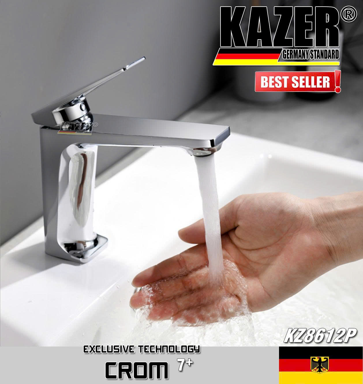 KZ8612P – VÒI LAVABO NÓNG LẠNH ĐỒNG THAU KAZER, MẠ CROM 7+ 20CM