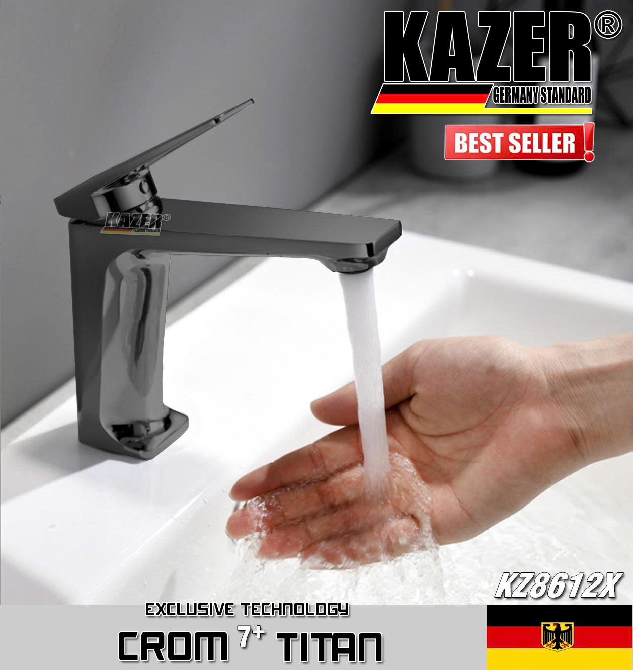 KZ8612X – VÒI LAVABO NÓNG LẠNH ĐỒNG THAU KAZER, MẠ CROM 7+ TITAN-20CM