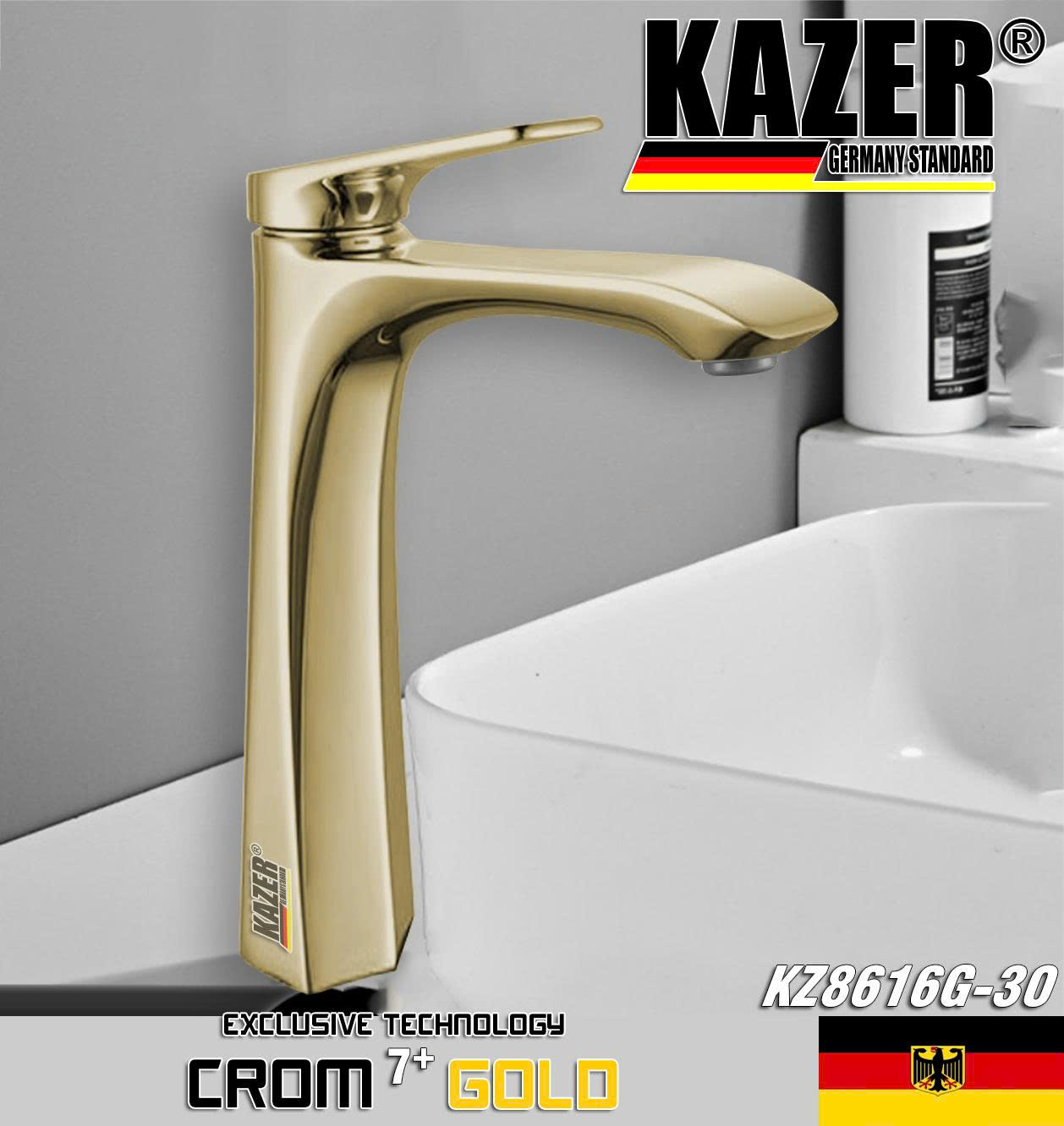 KZ8616G-30 – VÒI LAVABO NÓNG LẠNH ĐỒNG THAU KAZER, MẠ CROM 7+ GOLD – 30CM