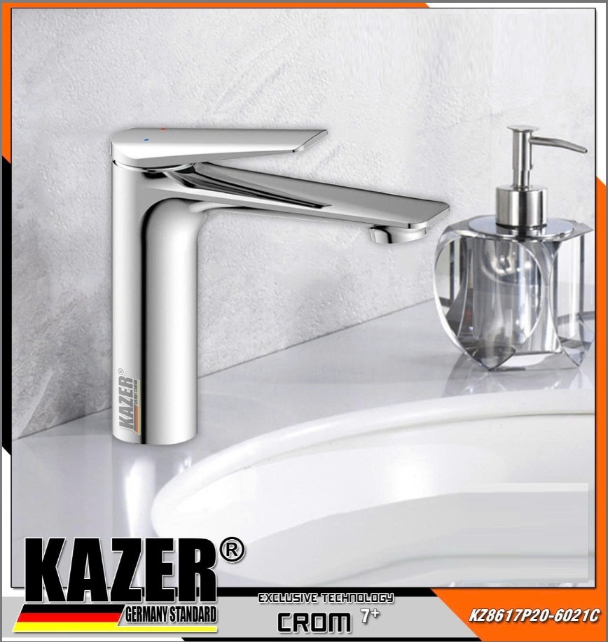 KZ8617P-20 – VÒI LAVABO NÓNG LẠNH ĐỒNG THAU KAZER, MẠ CROM 7+ 20CM