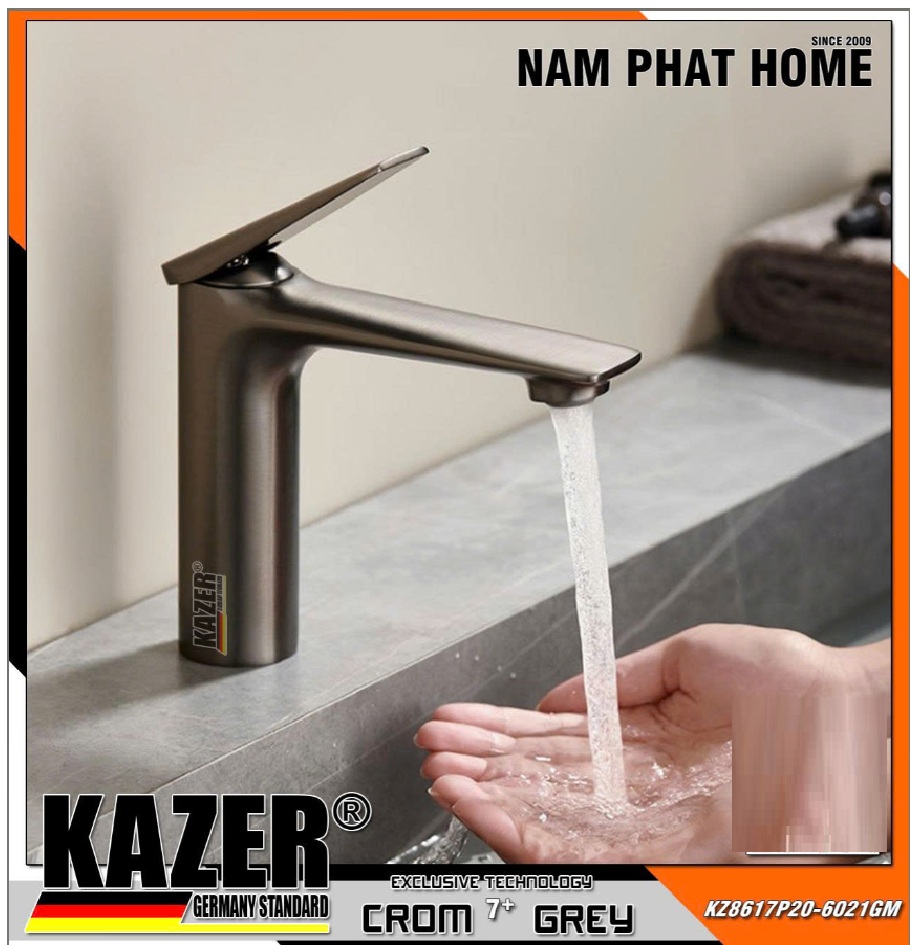 KZ8617X-20 – VÒI LAVABO NÓNG LẠNH MẠ CROM 7+ XÁM 20CM KAZER GERMANY