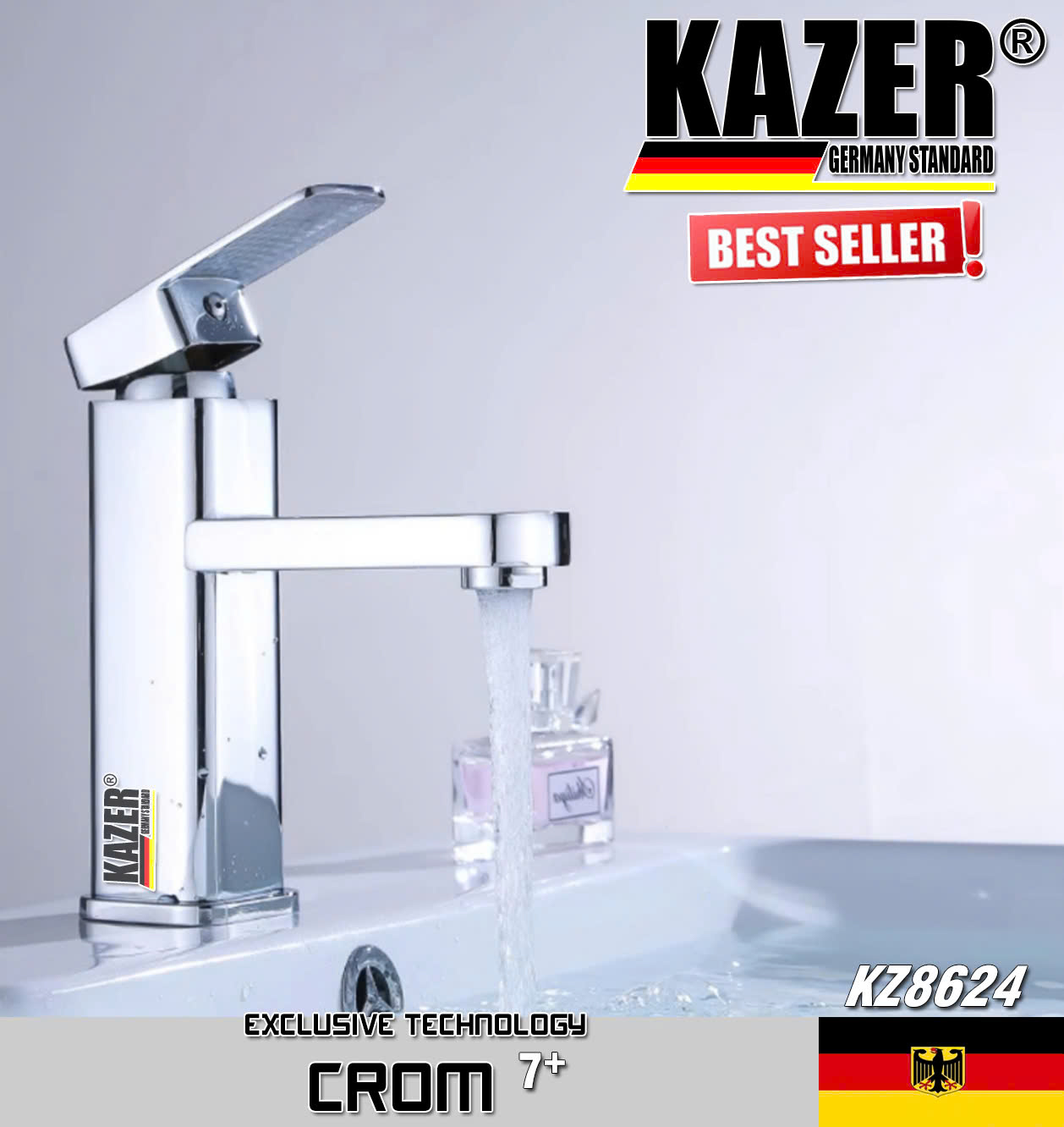 KZ8624 – VÒI LAVABO NÓNG LẠNH ĐỒNG THAU KAZER, MẠ CROM 7+ 20CM