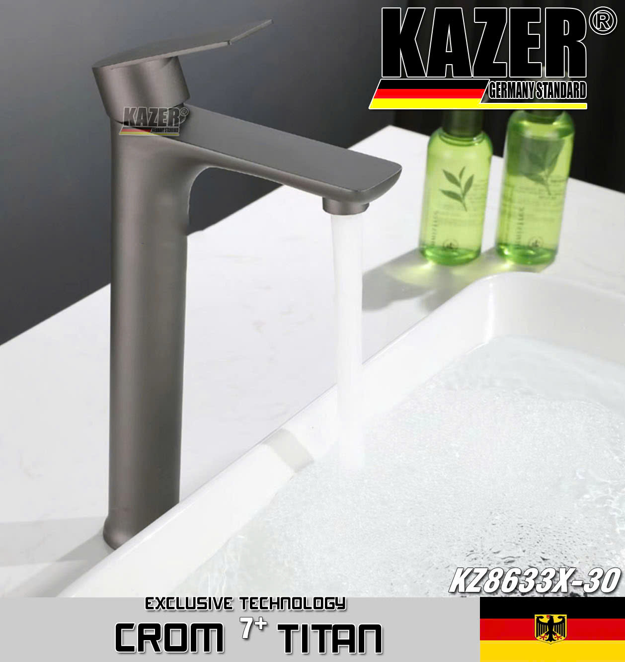 KZ8633X-30 – VÒI LAVABO NÓNG LẠNH ĐỒNG THAU KAZER, MẠ CROM 7+ TITAN 30CM