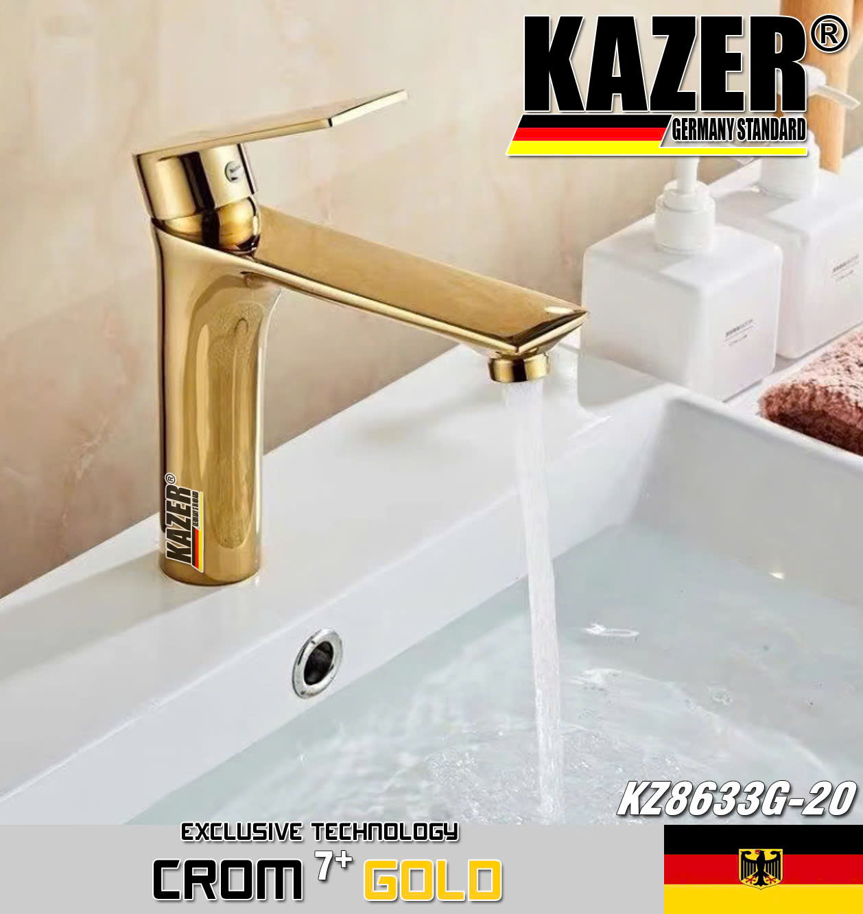 KZ8633G-20 – VÒI LAVABO NÓNG LẠNH ĐỒNG THAU KAZER, MẠ CROM 7+ GOLD 20CM