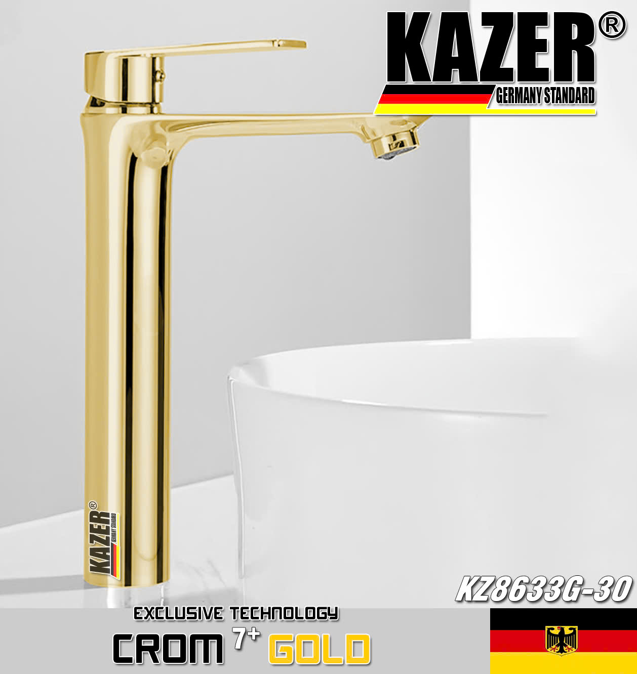 KZ8633G-30 – VÒI LAVABO NÓNG LẠNH ĐỒNG THAU KAZER, MẠ CROM 7+ GOLD 30CM