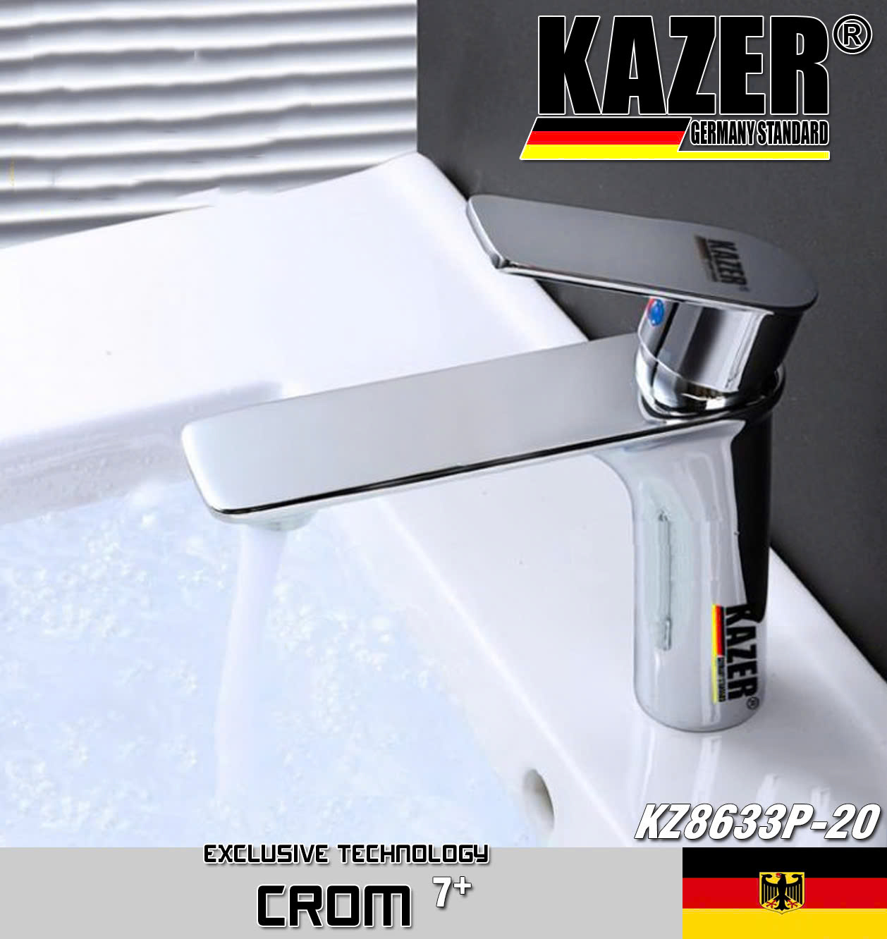 KZ8633P-20 – VÒI LAVABO NÓNG LẠNH ĐỒNG THAU KAZER, MẠ CROM 7+ 20CM
