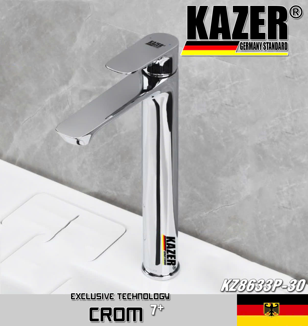 KZ8633P-30 – VÒI LAVABO NÓNG LẠNH ĐỒNG THAU KAZER, MẠ CROM 7+ 30CM