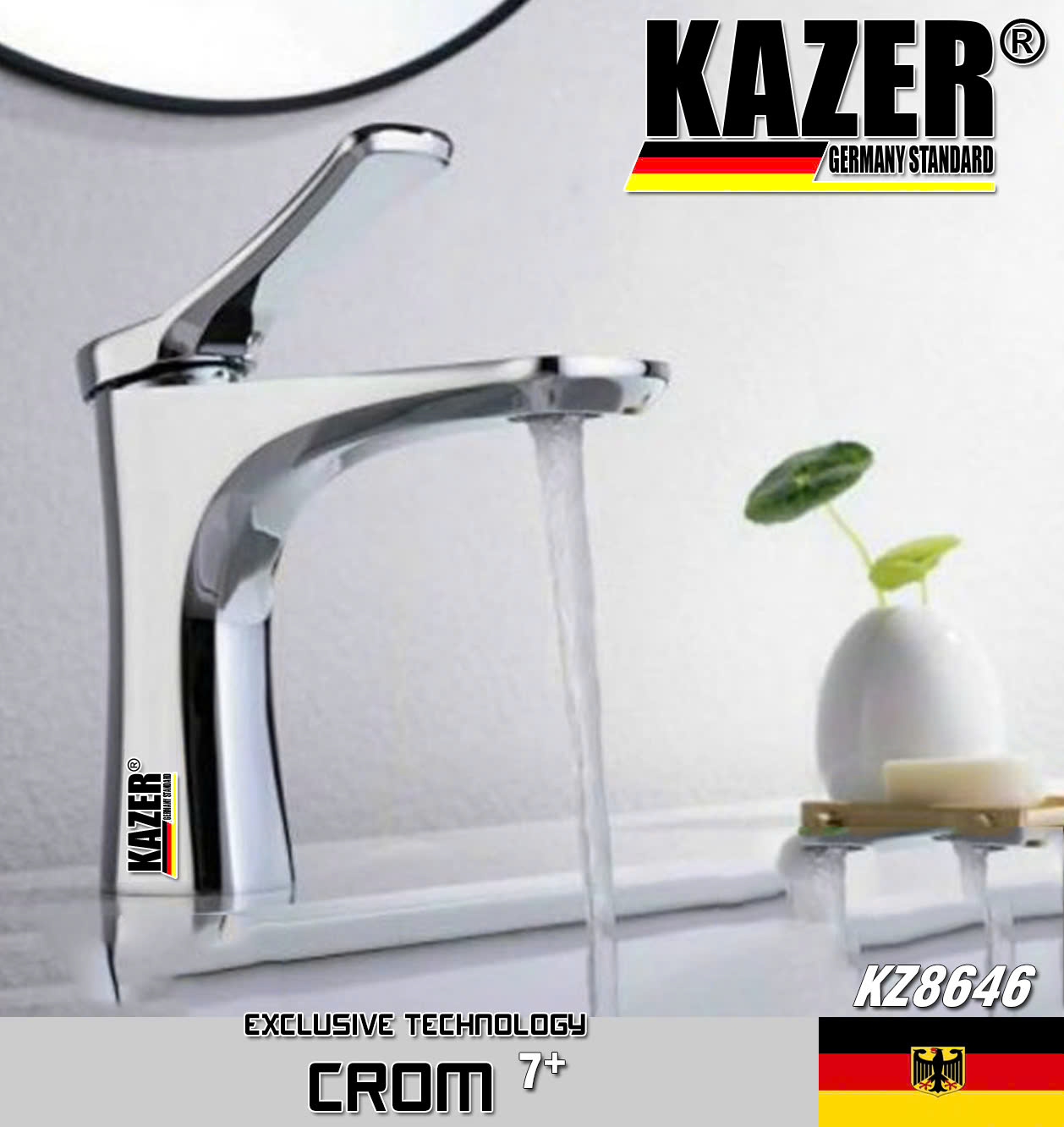 KZ8646 – VÒI LAVABO NÓNG LẠNH ĐỒNG THAU KAZER, MẠ CROM 7+ 20CM
