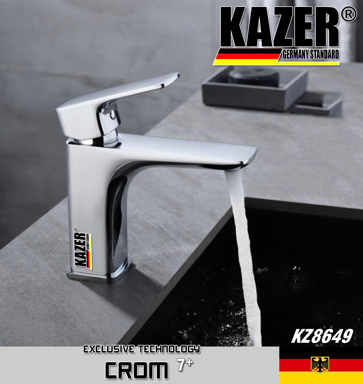KZ8649 – VÒI LAVABO NÓNG LẠNH ĐỒNG THAU KAZER, MẠ CROM 7+ 20CM